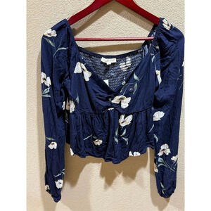 LA Hearts by PacSun Women's Floral Blouse Navy Blue XS Long Puff Sleeve V-Neck